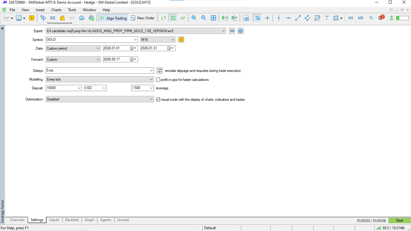 Configuração do Strategy Tester do MetaTrader 5 para o backtest do Step 1: símbolo GOLD, timeframe M15, depósito de 15.000 USD e alavancagem 1:500.