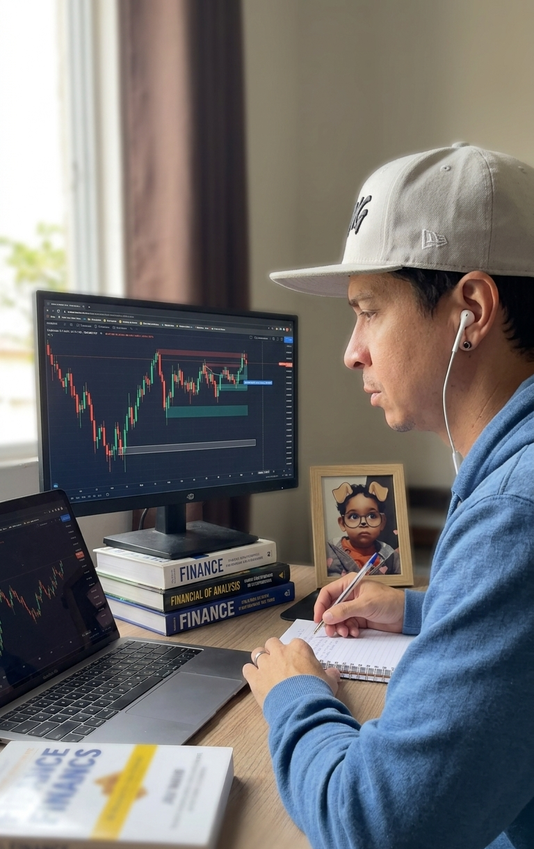 Jander Souza, desenvolvedor do Aliados King Gold Balanced, analisando gráficos financeiros
