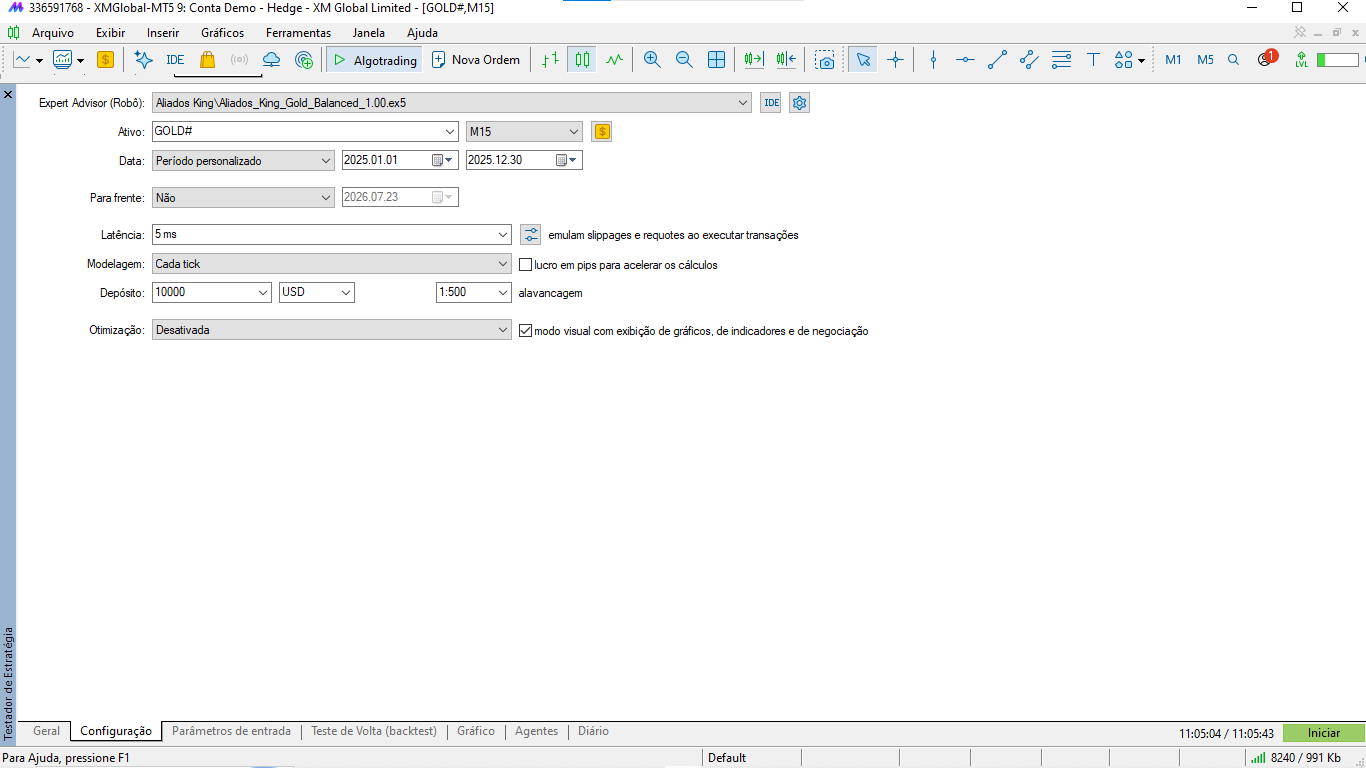 Tela de configuração do Strategy Tester do MetaTrader 5 para o backtest de 2025, com período de 01/01/2025 a 30/12/2025, modelagem cada tick, latência 5 ms, depósito de 10.000 USD e alavancagem 1:500