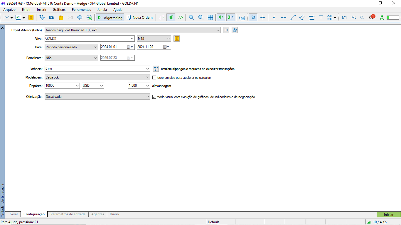 Tela de configuração do Strategy Tester do MetaTrader 5 com período de 01/01/2024 a 29/11/2024, modelagem cada tick, latência 5 ms, depósito de 10.000 USD e alavancagem 1:500