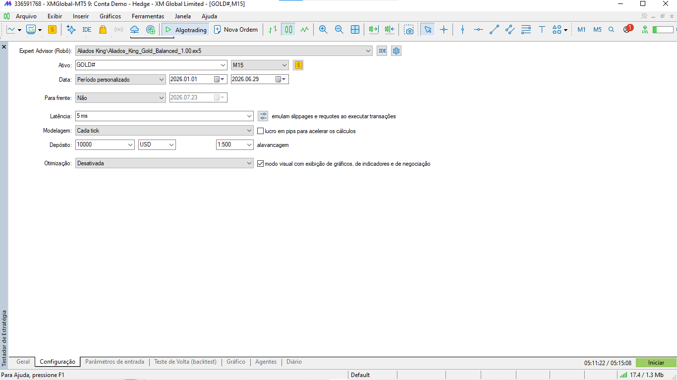 Tela de configuração do Strategy Tester do MetaTrader 5 para o backtest parcial de 2026, com período de 01/01/2026 a 29/06/2026, modelagem cada tick, latência 5 ms, depósito de 10.000 USD e alavancagem 1:500